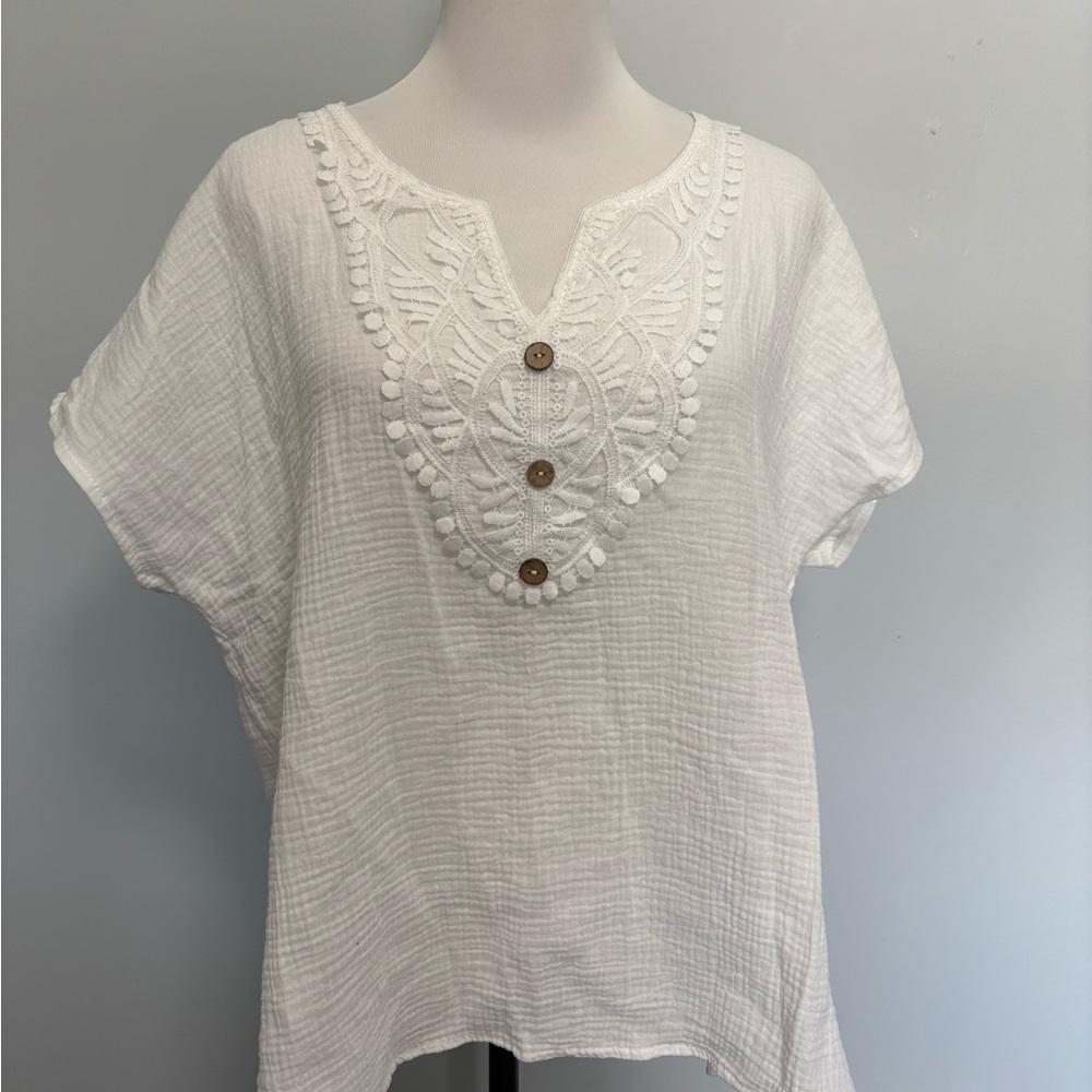 White Embroidered V-Neck Peasant Top - Women's